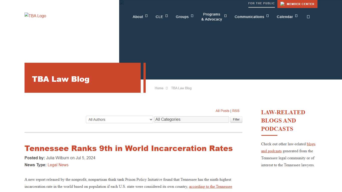 Tennessee Ranks 9th in World Incarceration Rates - TBA Law Blog